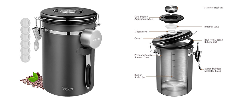 Veken Coffee Canister, Airtight Stainless Steel